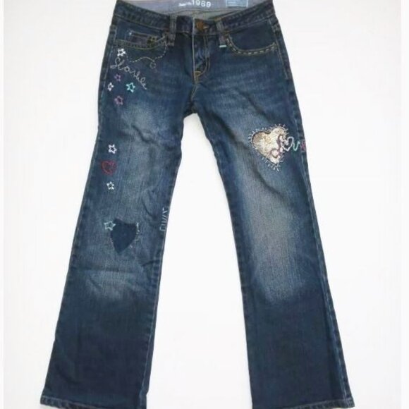 Gap Kids sequin embellished patched jeans denim pants bootcut 7 heart love girls - Picture 2 of 2